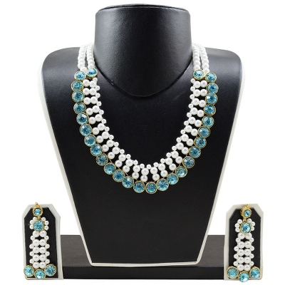White Pearls & Sky Blue Kundan Choker Necklace Set for Women & Girls