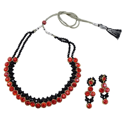 Black Crystal Beads Red Kundan Choker Necklace for Girls & Women