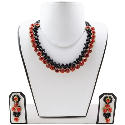 Black Crystal Beads Red Kundan Choker Necklace for Girls & Women
