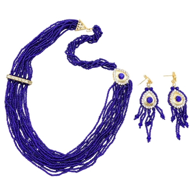 Blue Jeko Moti Multi Strand Designer Necklace &amp; Earrings