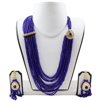 Blue Jeko Moti Multi Strand Designer Necklace &amp; Earrings