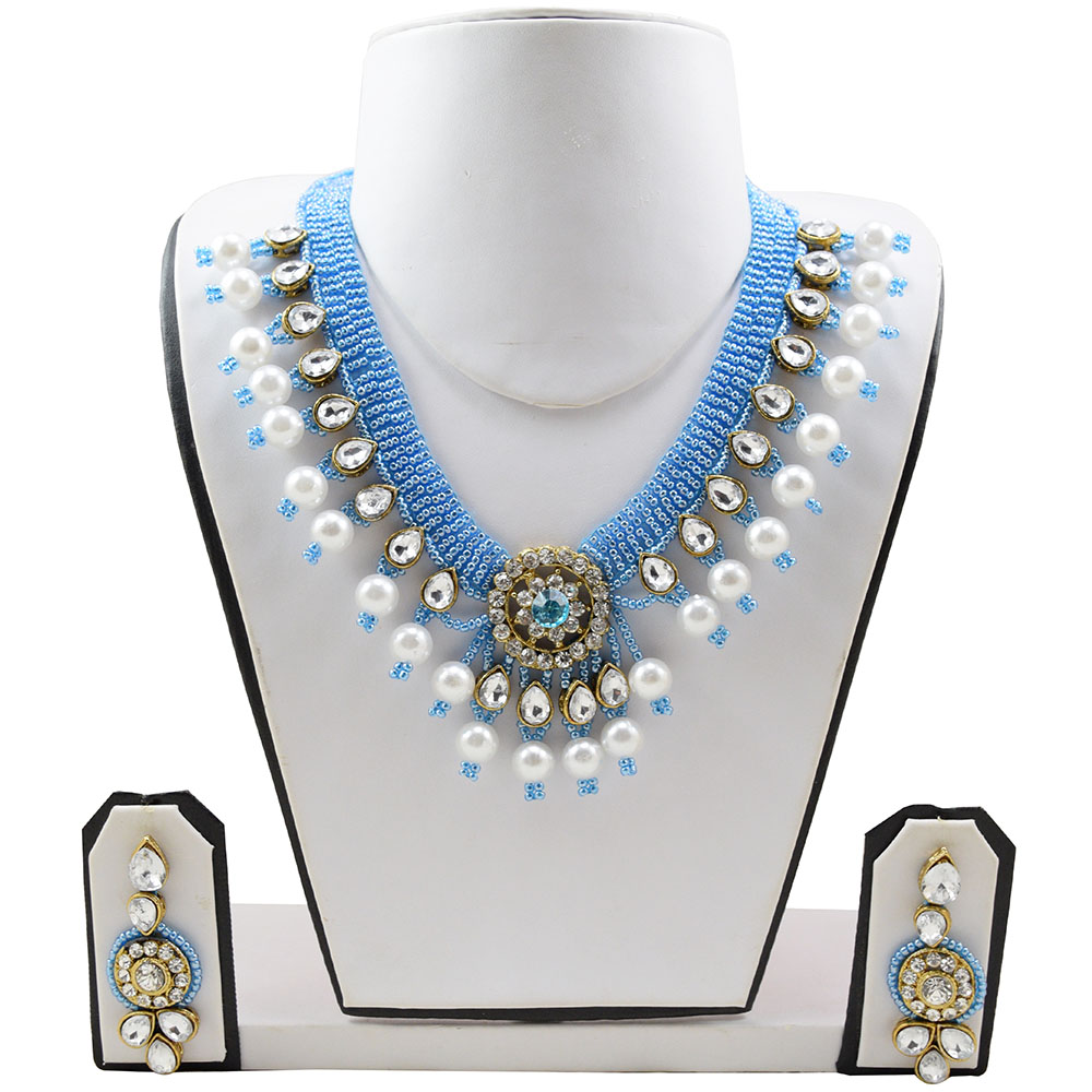 Sky Blue & White Beads Diamond Stone Pendant Choker Necklace Set