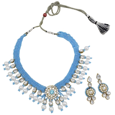 Sky Blue & White Beads Diamond Stone Pendant Choker Necklace Set