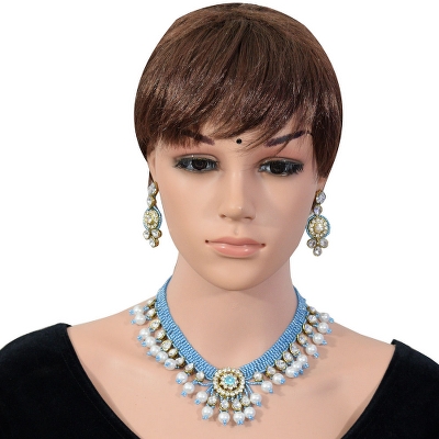 Sky Blue & White Beads Diamond Stone Pendant Choker Necklace Set