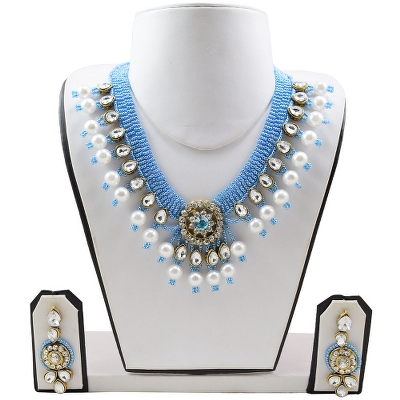 Sky Blue & White Beads Diamond Stone Pendant Choker Necklace Set