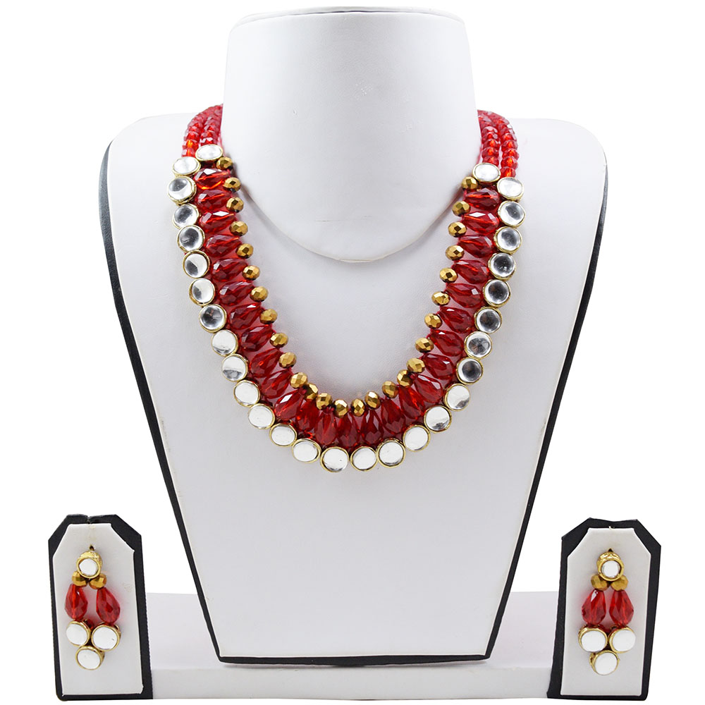 Red &amp; Copper Crystal Beads Kundan Necklace set for Girls &amp; Women