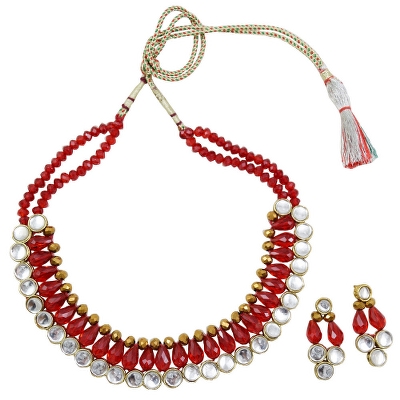 Red &amp; Copper Crystal Beads Kundan Necklace set for Girls &amp; Women