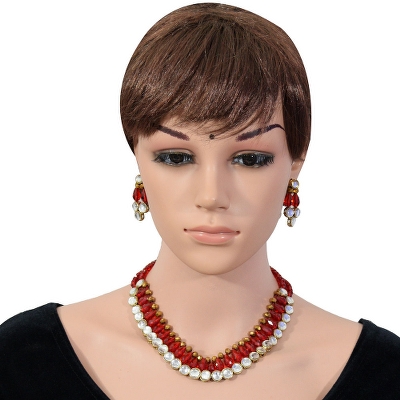 Red &amp; Copper Crystal Beads Kundan Necklace set for Girls &amp; Women