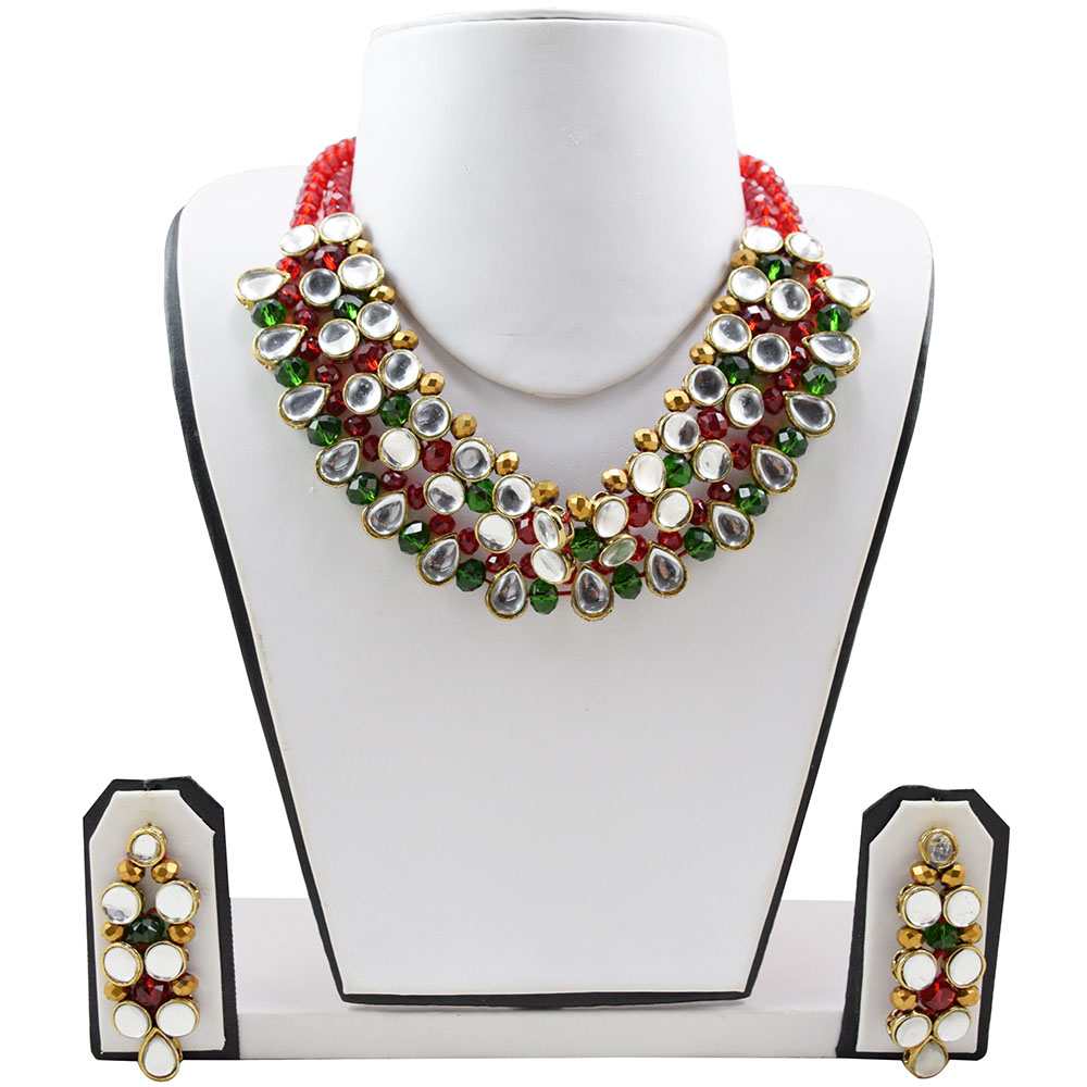 Red, Green & Copper Crystal Beads Kundan Traditional Necklace Set