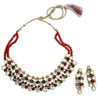 Red, Green & Copper Crystal Beads Kundan Traditional Necklace Set