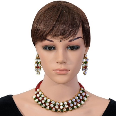 Red, Green & Copper Crystal Beads Kundan Traditional Necklace Set