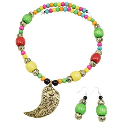 Multi Color Wooden Beads Designer Necklace & Earrings for Girls & Women