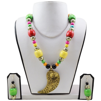 Multi Color Wooden Beads Designer Necklace & Earrings for Girls & Women