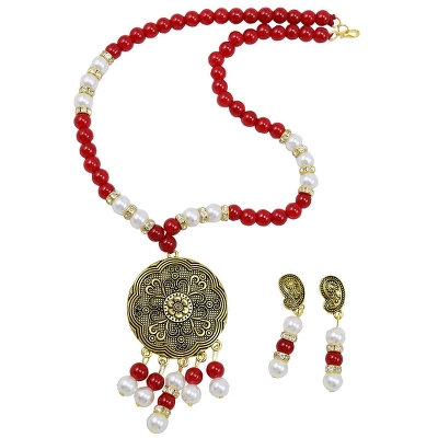 Red & White Beads Antique Pendant Designer Necklace & Earrings