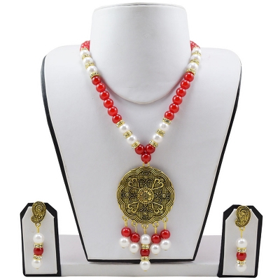 Red & White Beads Antique Pendant Designer Necklace & Earrings
