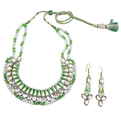 Green & White Designer Beads Kundan Necklace Set for Women & Girls