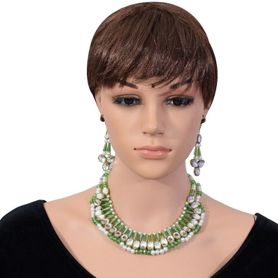 Green & White Designer Beads Kundan Necklace Set for Women & Girls