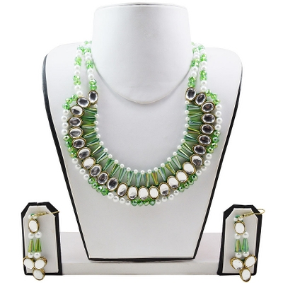 Green & White Designer Beads Kundan Necklace Set for Women & Girls