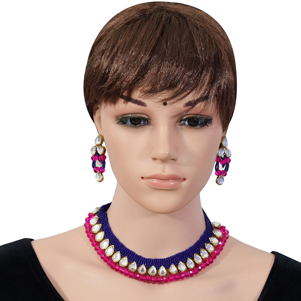 Blue Jeko Moti Pink Crystal beads Kundan Necklace Set