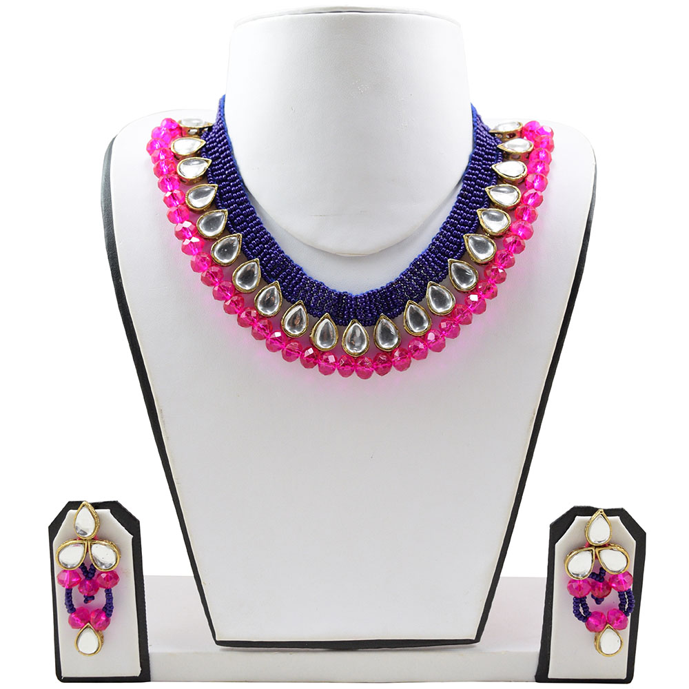 Blue Jeko Moti Pink Crystal beads Kundan Necklace Set