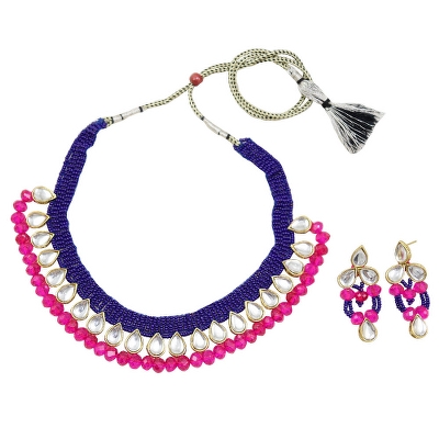 Blue Jeko Moti Pink Crystal beads Kundan Necklace Set