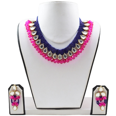 Blue Jeko Moti Pink Crystal beads Kundan Necklace Set