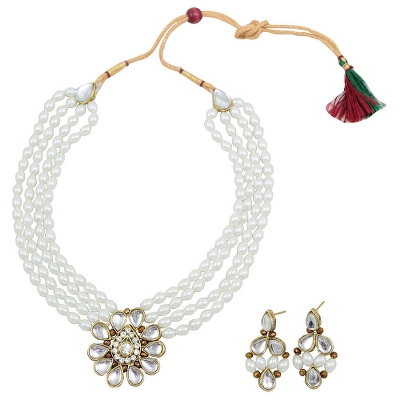 White Beads Designer Kundan Pendant Necklace set for Girls &amp; Women