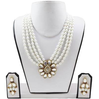 White Beads Designer Kundan Pendant Necklace set for Girls &amp; Women