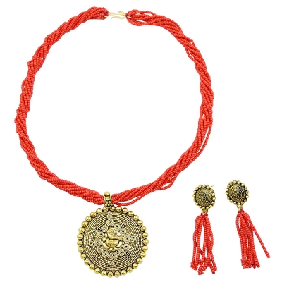Red Jeko Moti Antique Pendant Multi Strand Necklace & Earrings