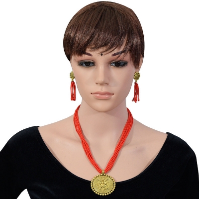 Red Jeko Moti Antique Pendant Multi Strand Necklace & Earrings