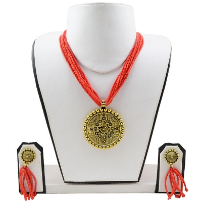 Red Jeko Moti Antique Pendant Multi Strand Necklace & Earrings