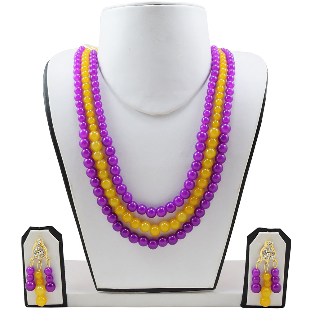 Purple &amp; Orange Glass Beads 3 Row Necklace set for Girls &amp; Women