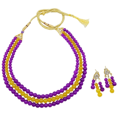 Purple &amp; Orange Glass Beads 3 Row Necklace set for Girls &amp; Women