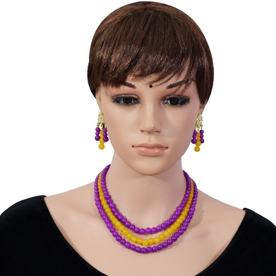 Purple &amp; Orange Glass Beads 3 Row Necklace set for Girls &amp; Women