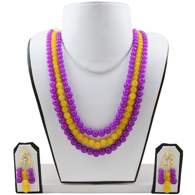Purple &amp; Orange Glass Beads 3 Row Necklace set for Girls &amp; Women