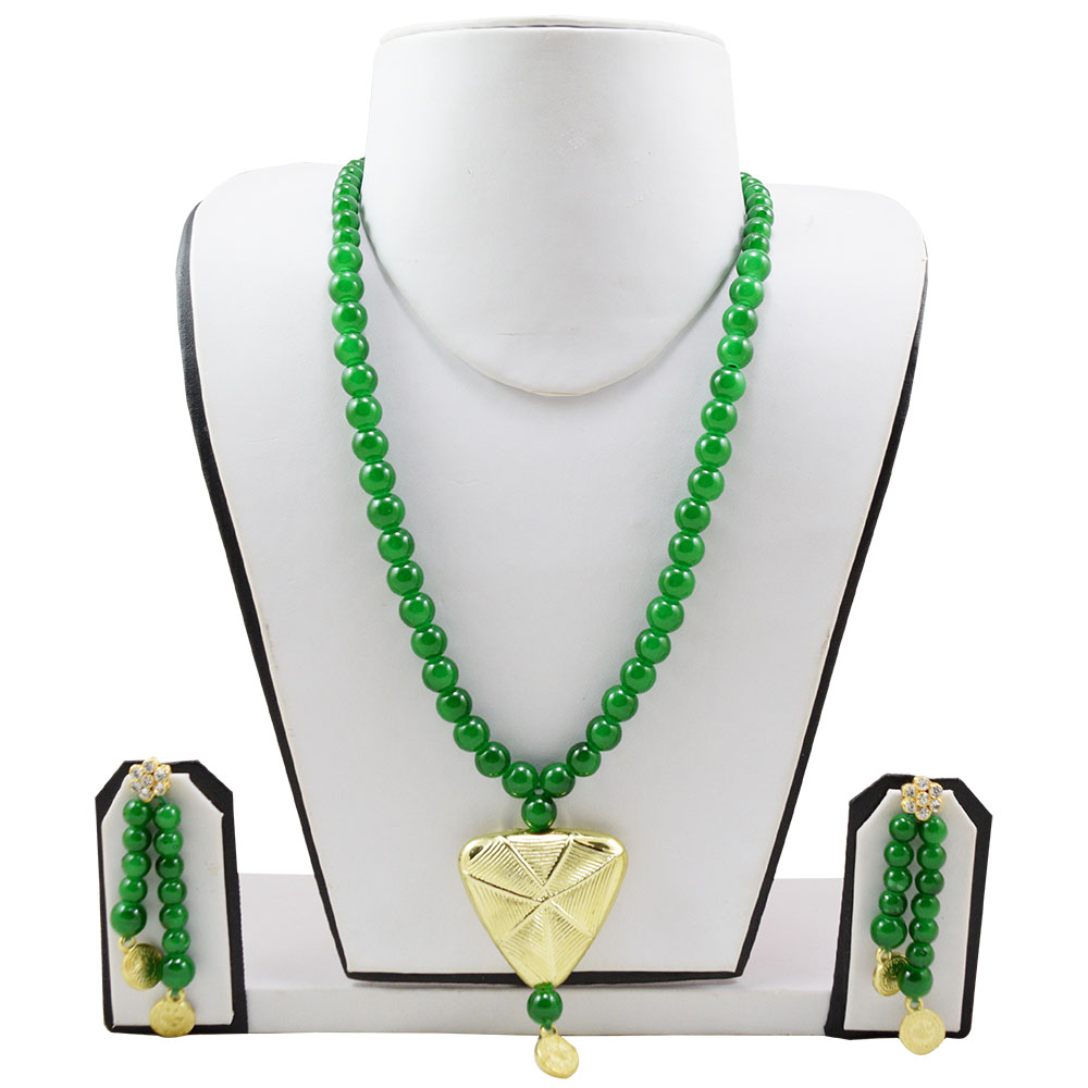 Green Glass Beads Antique Pendant Necklace Set for Girls &amp; Women