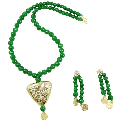 Green Glass Beads Antique Pendant Necklace Set for Girls &amp; Women