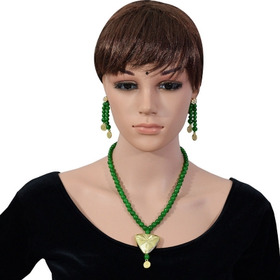 Green Glass Beads Antique Pendant Necklace Set for Girls &amp; Women
