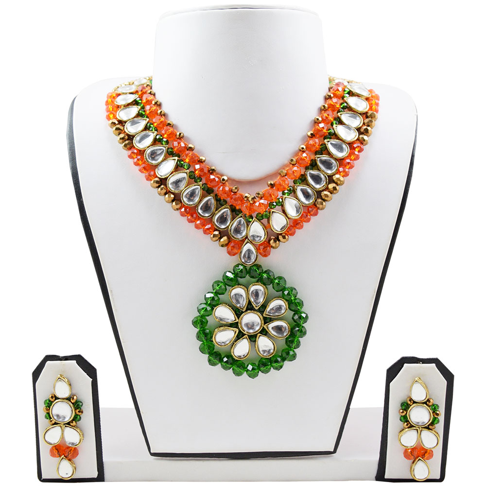 Orange, Green & Copper Crystal Beads Kundan Necklace Set for Women
