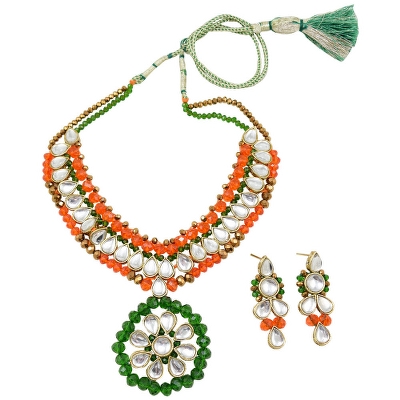 Orange, Green & Copper Crystal Beads Kundan Necklace Set for Women