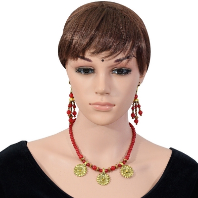 Red Beads Antique Pendant Necklace & Earrings for Girls & Women