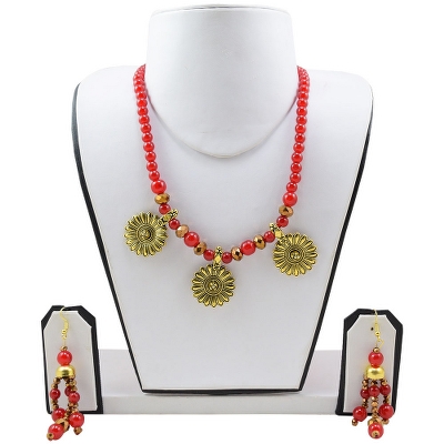 Red Beads Antique Pendant Necklace & Earrings for Girls & Women