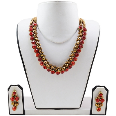 Copper Crystal Beads Red Kundan Necklace Set for Women & Girls