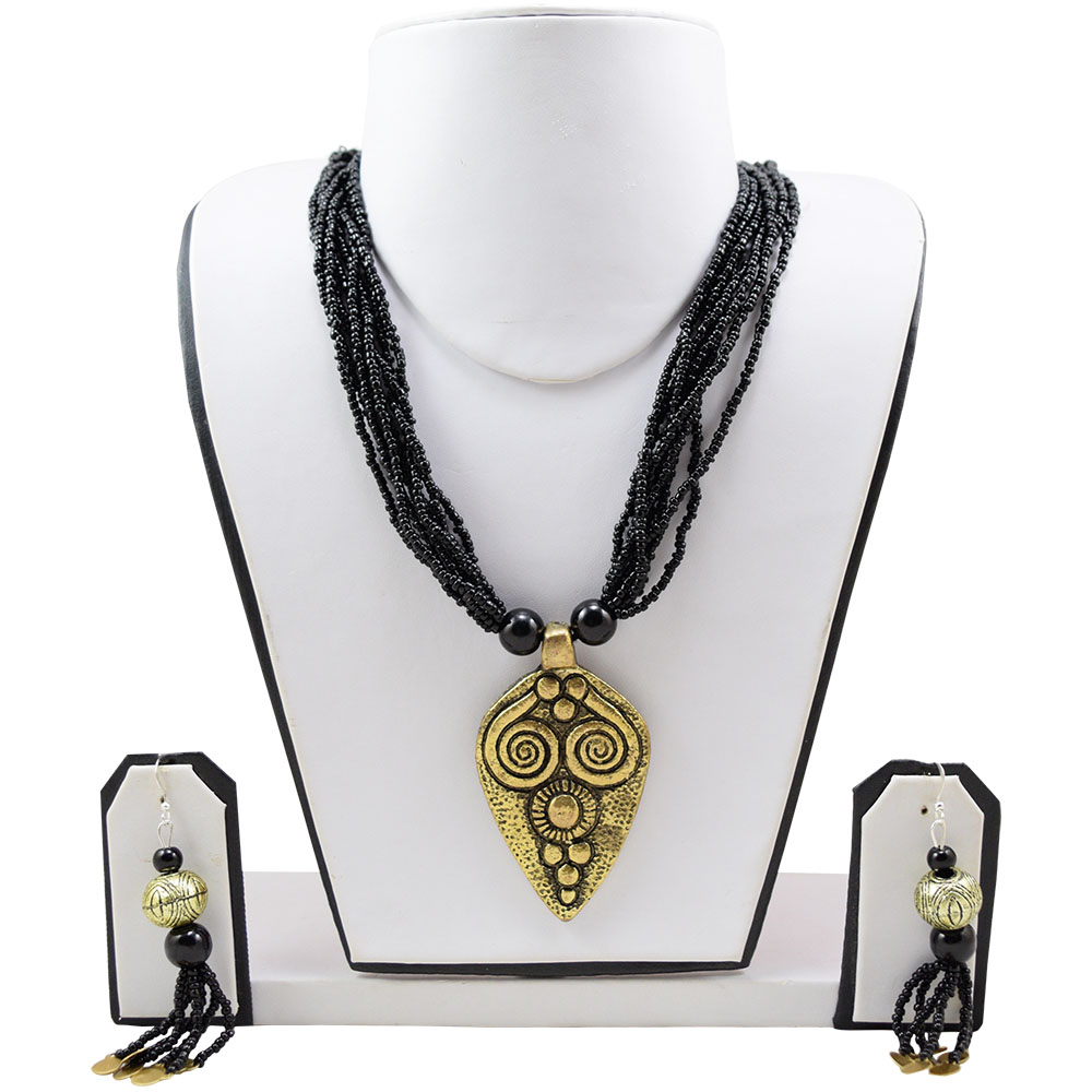 Black Jeko Moti Antique Pendant Necklace Set For Girls & Women