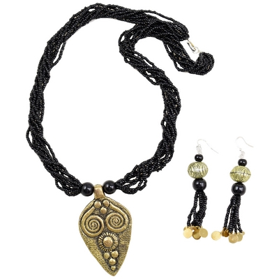 Black Jeko Moti Antique Pendant Necklace Set For Girls & Women