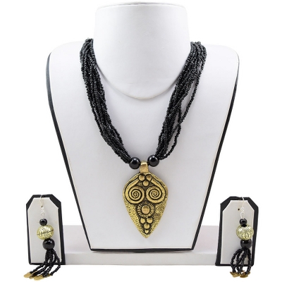 Black Jeko Moti Antique Pendant Necklace Set For Girls & Women