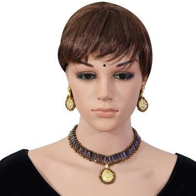 Designer Beads Diamond Stone Pendant Choker Necklace Set