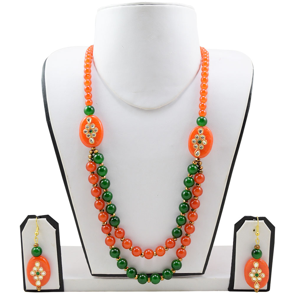 Orange &amp; Green Glass Beads Designer Necklace Set for Women &amp; Girls