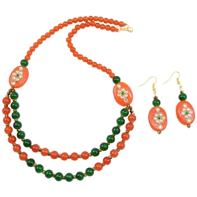 Orange &amp; Green Glass Beads Designer Necklace Set for Women &amp; Girls