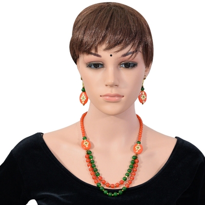 Orange &amp; Green Glass Beads Designer Necklace Set for Women &amp; Girls